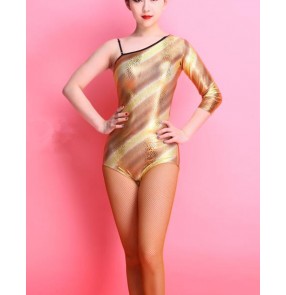 Gold leopard printed one shoulder fashion sexy competition performance professional leotard latin ballroom dance tops shirts  catsuit 